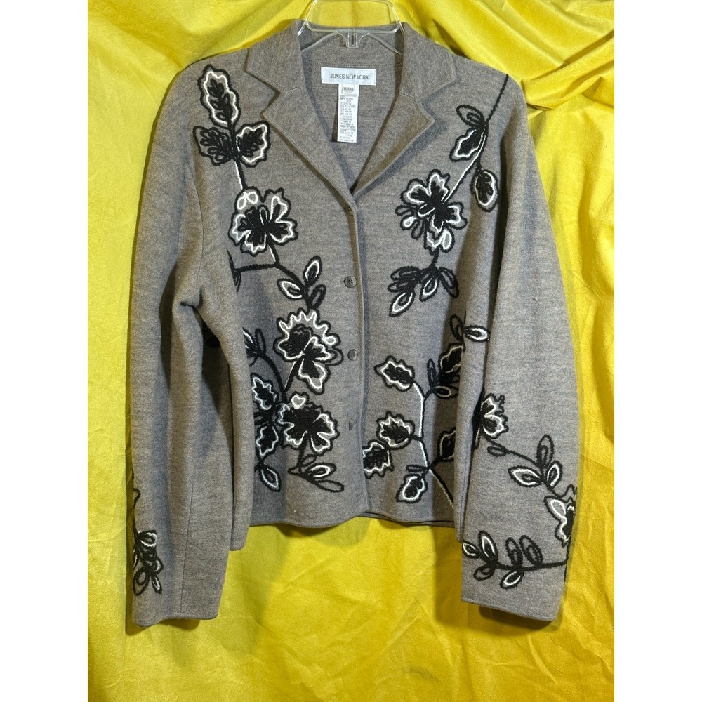 Jones New York Merino Wool Floral Embroidered Cardigan Sweater XL Tan Fawn NWT